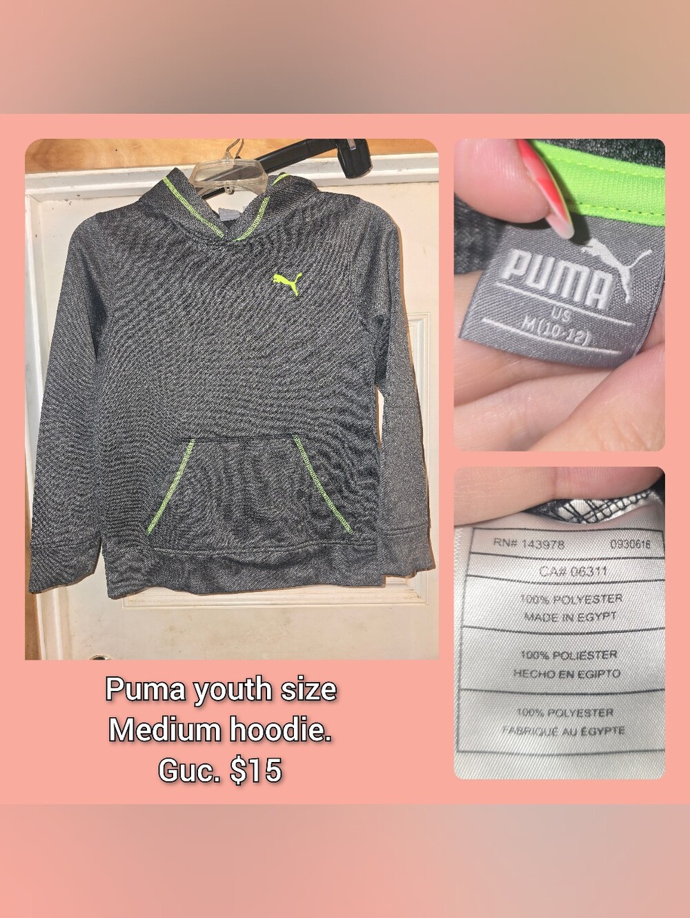 Puma Kids Dark Gray Hoodie with Lime Accents